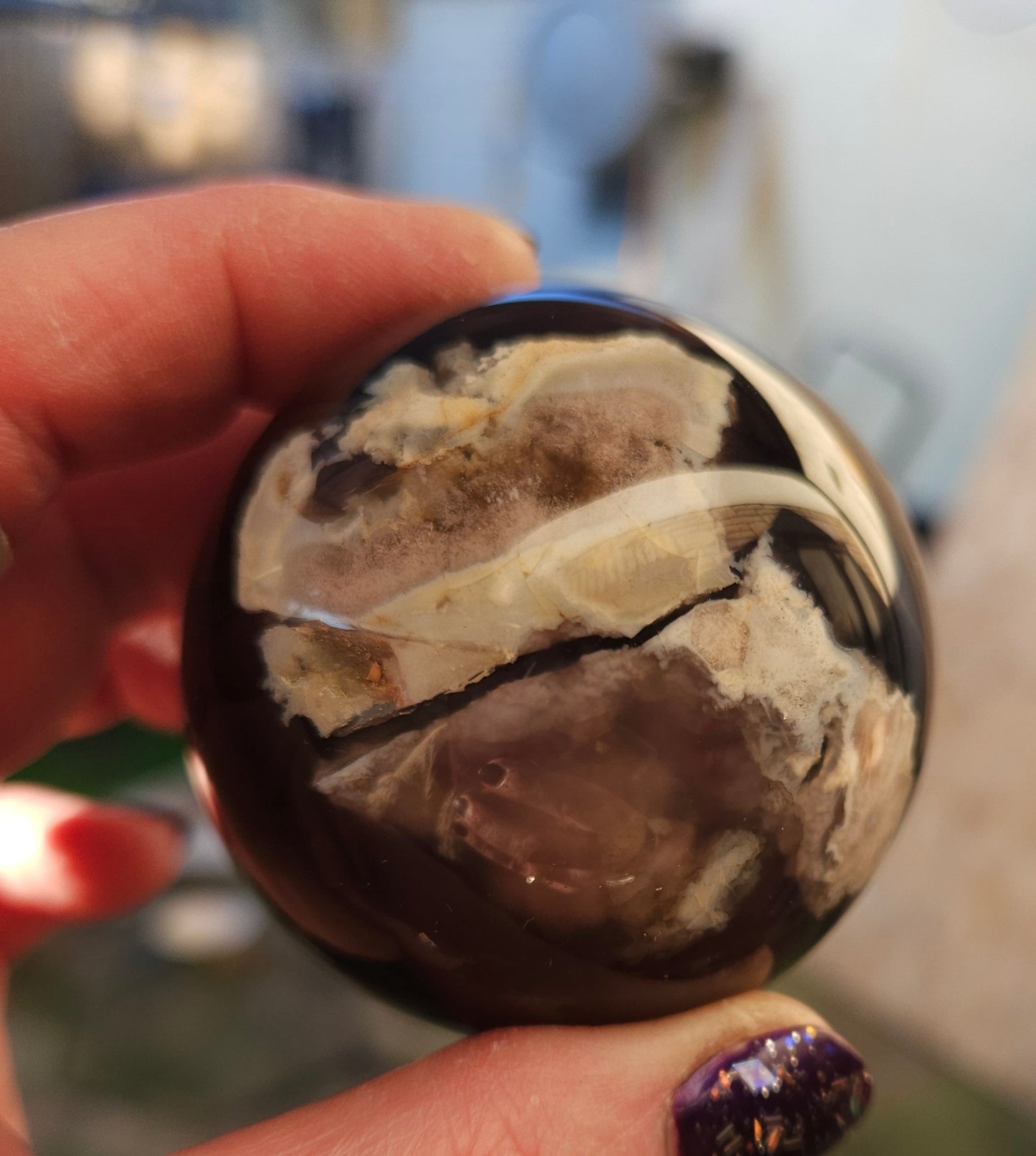 Black flower agate sphere