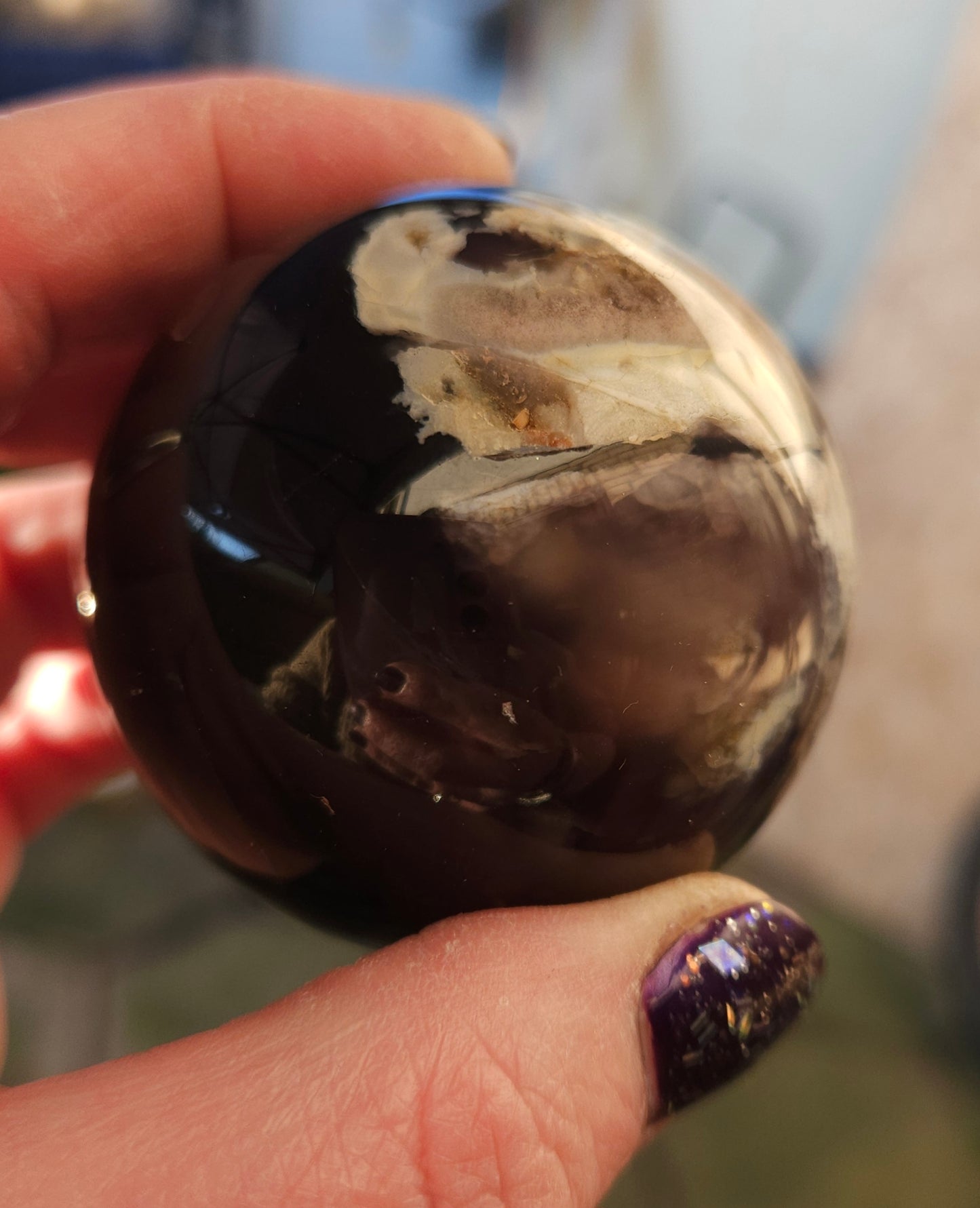 Black flower agate sphere